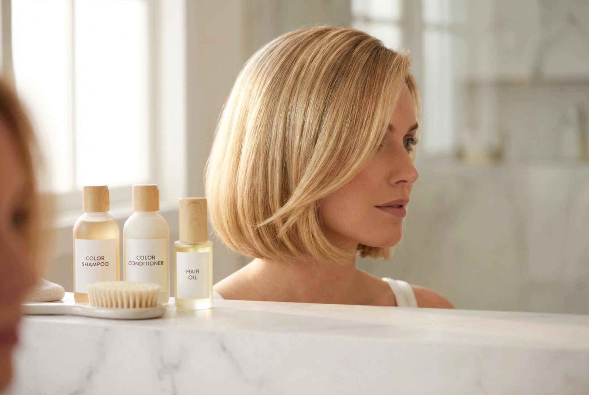 Păr blond scurt: coafare cu protecția culorii și strălucire