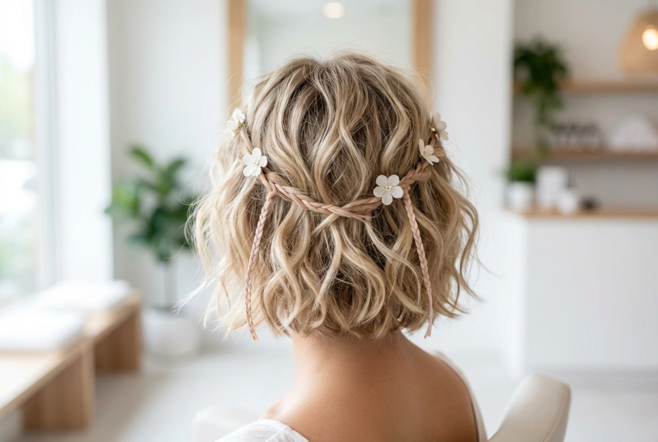 Coafură boho pentru păr scurt: textură lejeră, bucle și accesorii