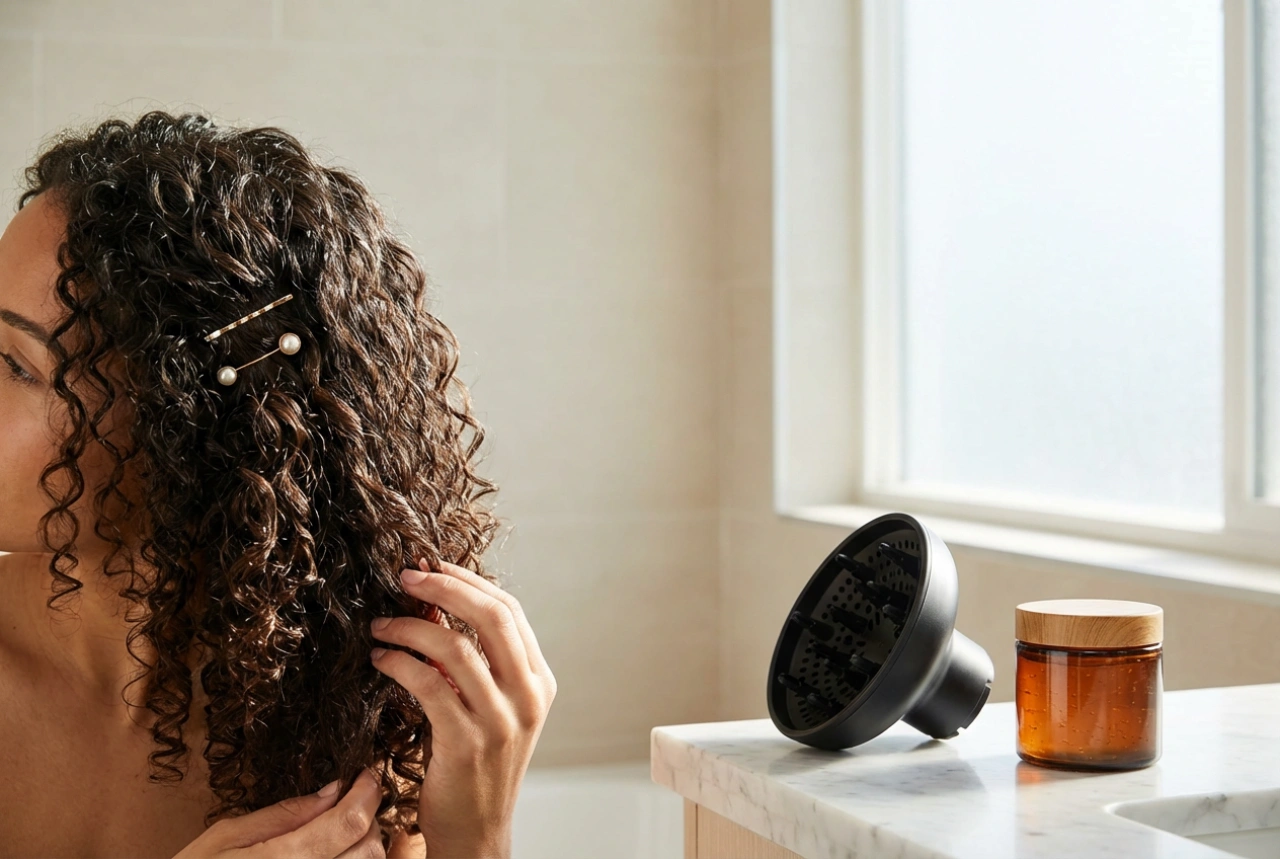 Coafură: Păr Creț Definit cu Difuzor, Gel și Agrafe