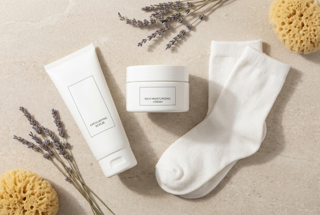 Rutina zilnică pentru călcâie crăpate: exfoliere, cremă și șosete