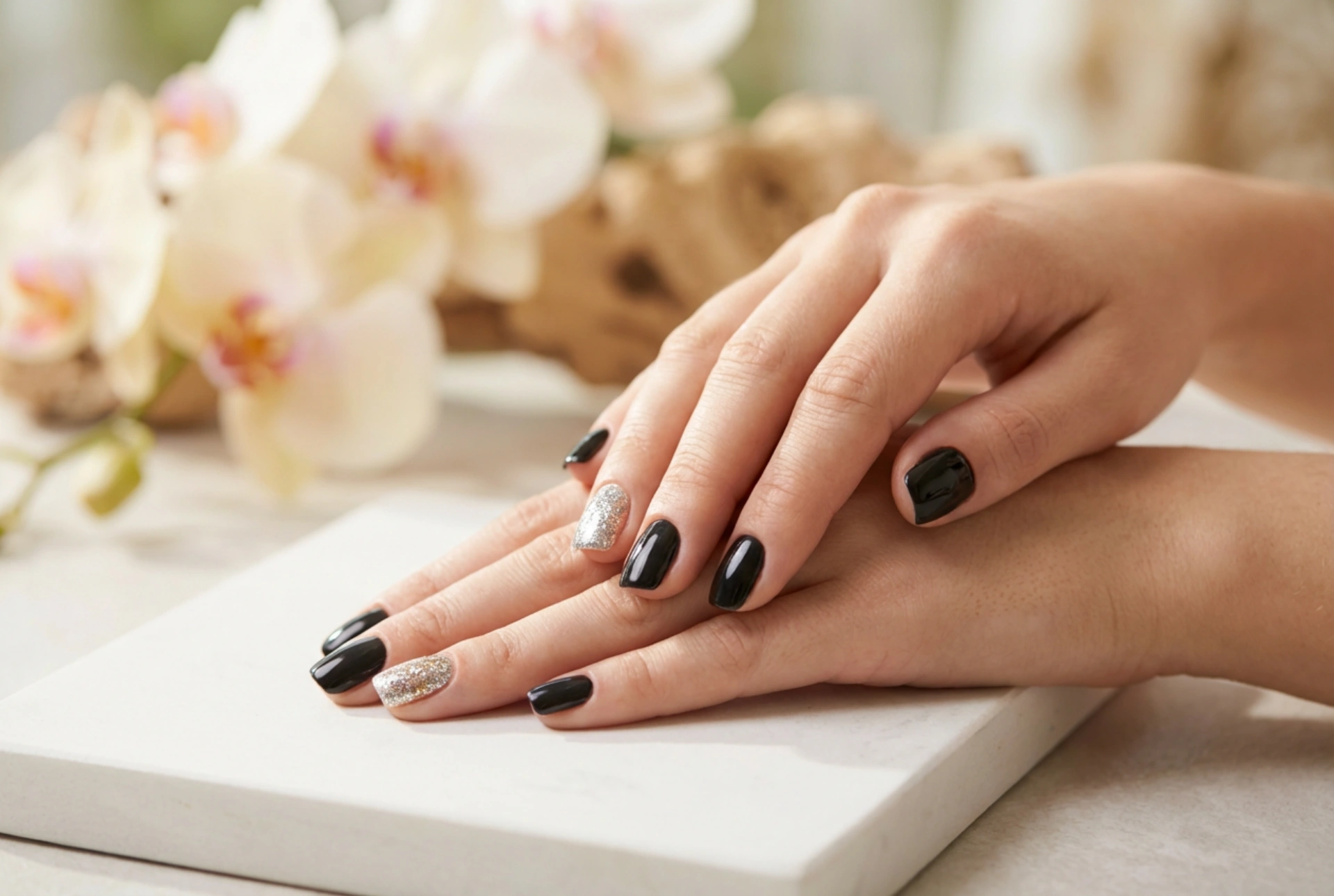 Unghii negre cu sclipici: tehnici de aplicare și cele mai frecvente greșeli