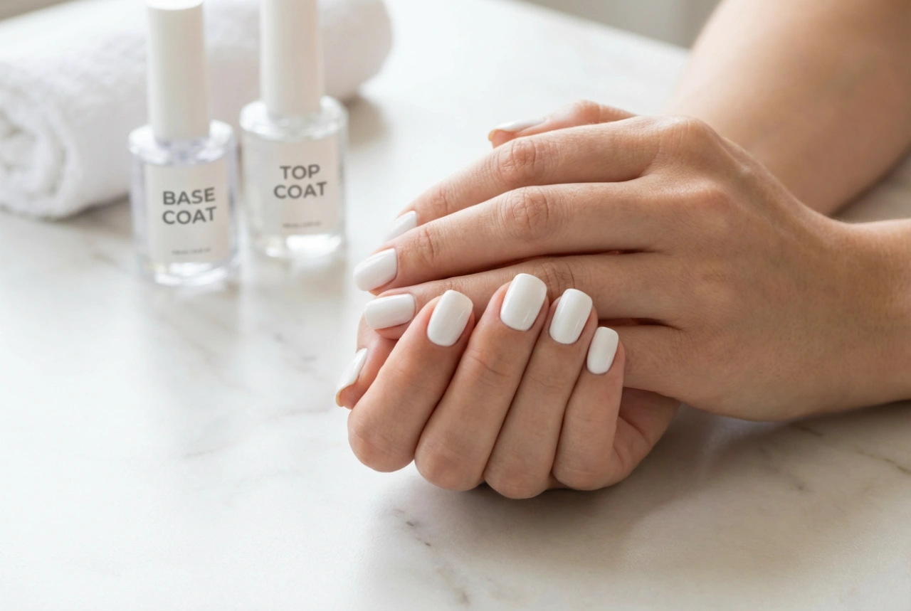 Unghii hibride albe fără dungi: bază, două straturi subțiri, top coat