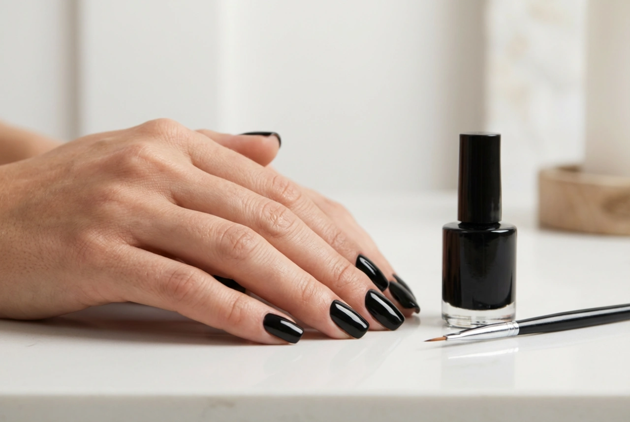 Manichiură hibridă neagră: aplicare perfectă fără a inunda cuticulele