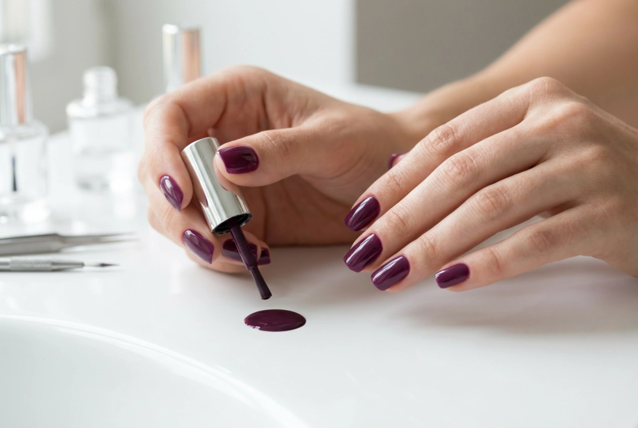 Manichiura hibridă în nuanțe de prună: pregătire, aplicare și decorațiuni