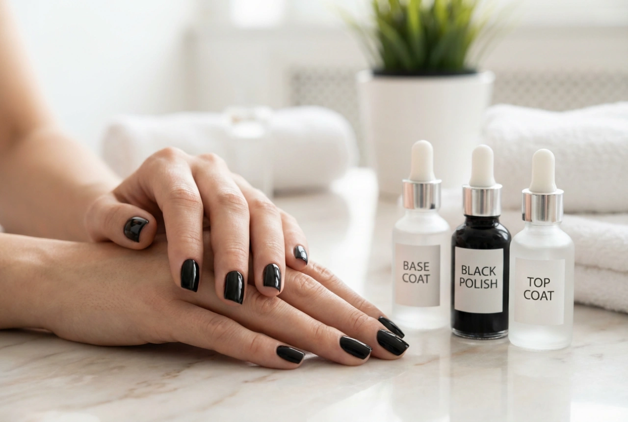 Unghii negre perfecte fără dâre: importanța bazei, a straturilor subțiri și a top coat-ului