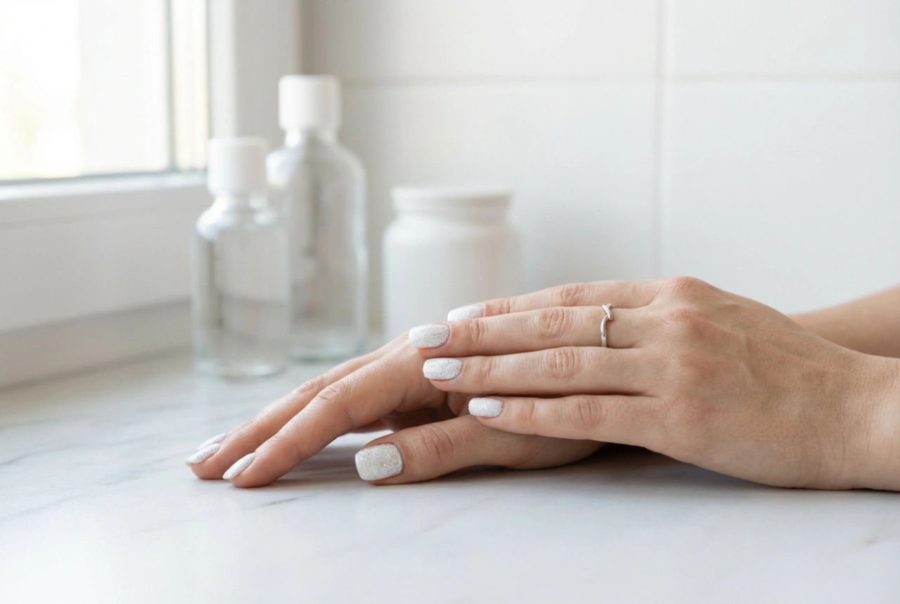 Unghii albe cu sclipici fără zone transparente: bază, aplicare, top coat