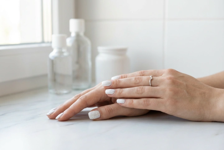 Unghii albe cu sclipici fără zone transparente: bază, aplicare, top coat