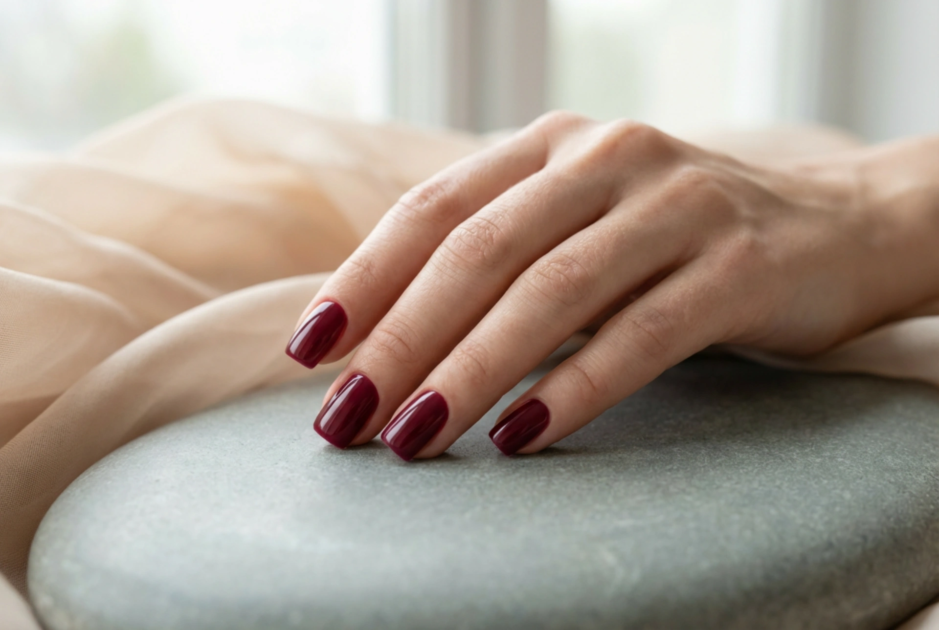 Unghii pătrate vișinii: modelare, vopsire, top coat