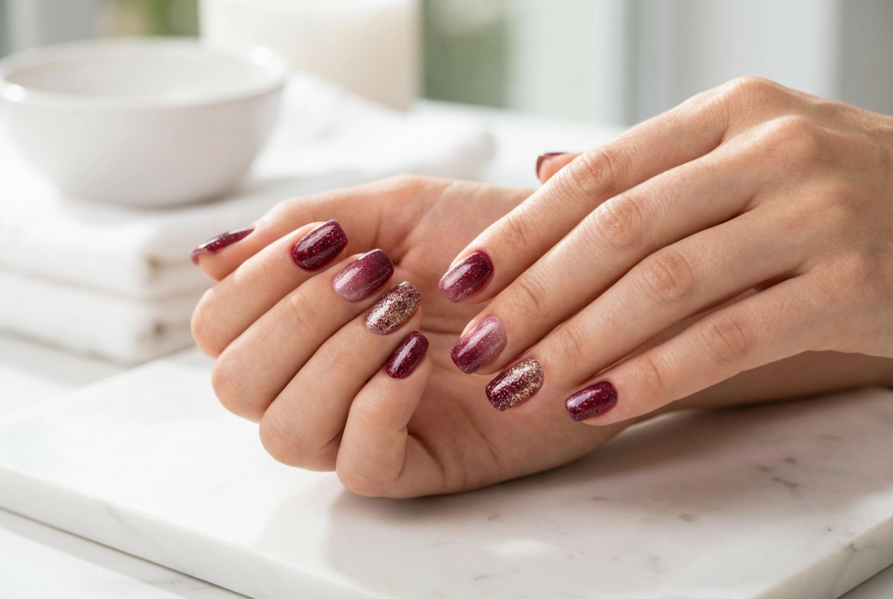 Unghii vișinii cu sclipici: gradient, unghia accent și sigilarea perfectă