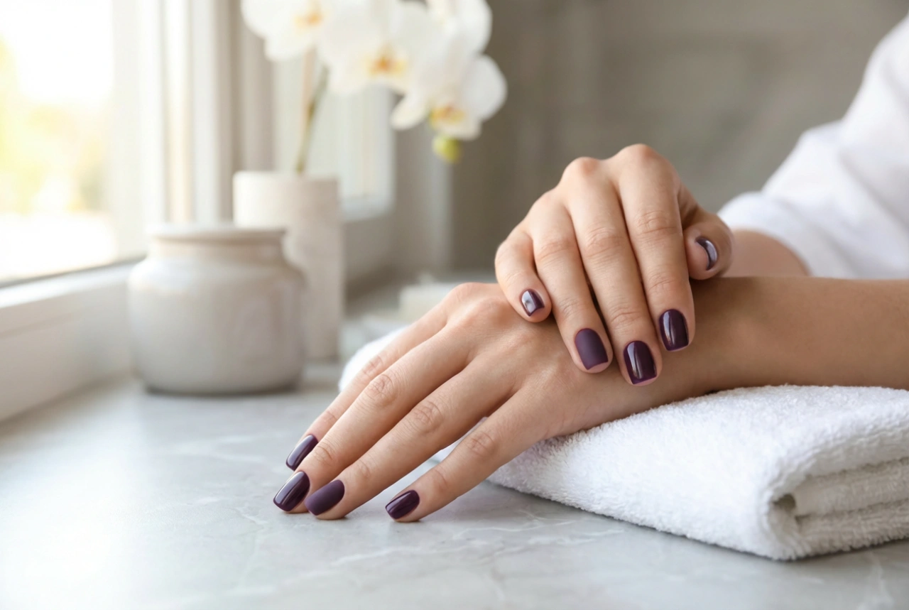 Unghii în nuanțe de violet închis: aplicare și combinare de texturi