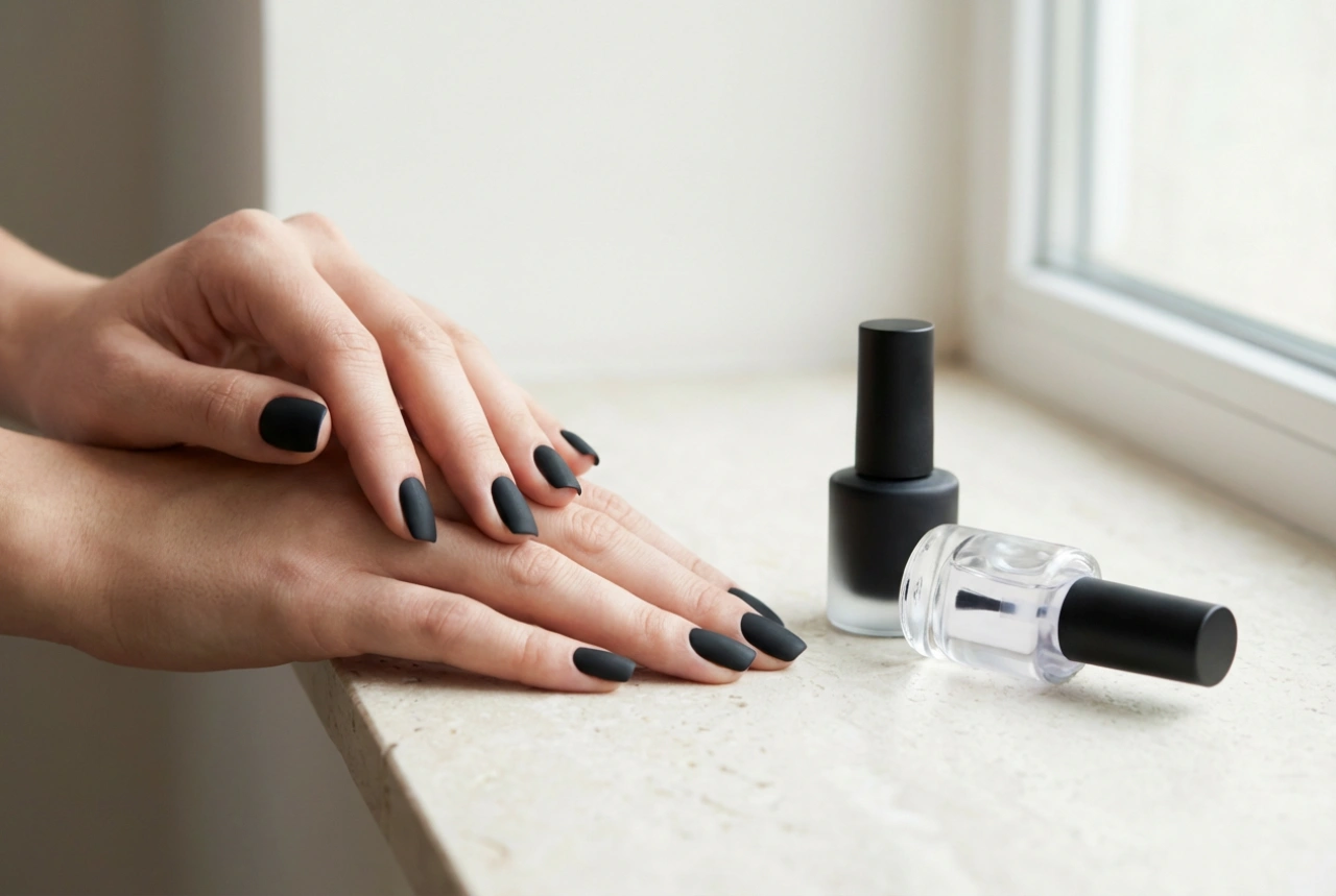 Unghii Negre Mate Fără Urme: Baza Corectă și Top Coat-ul Matifiant