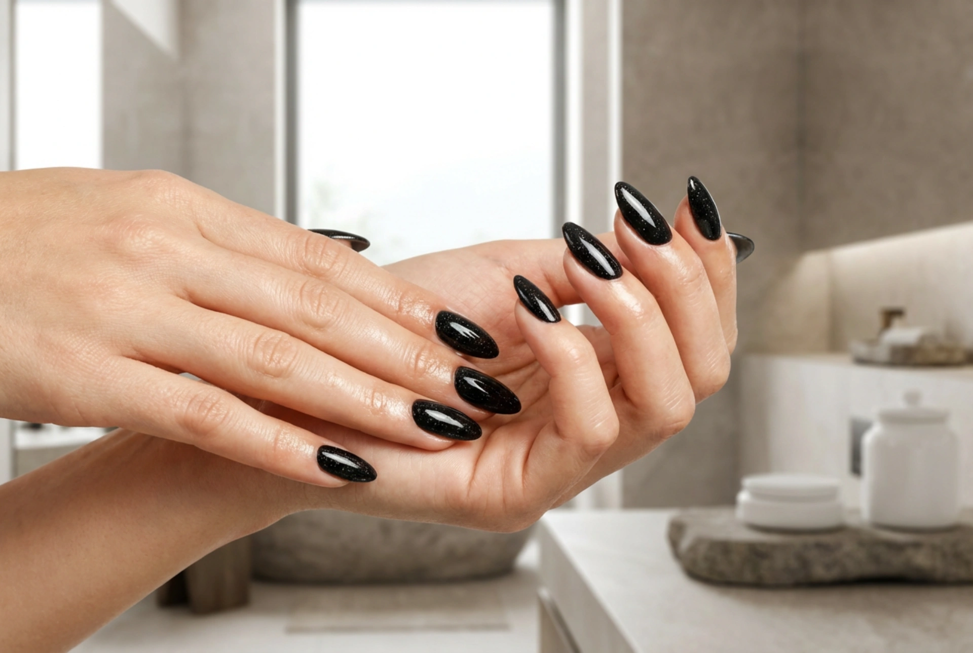 Unghii negre cu particule: strălucire uniformă și suprafață netedă