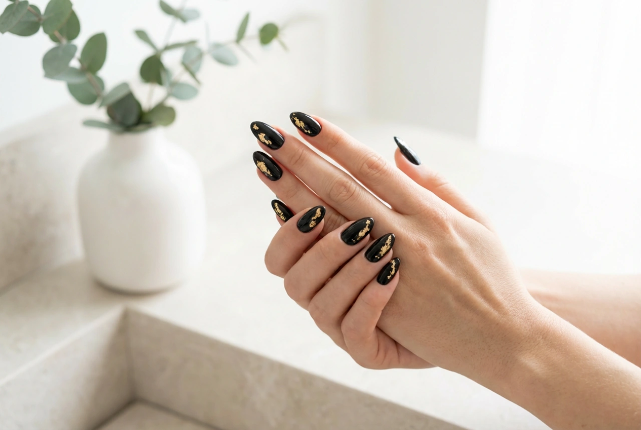 Combinații elegante: unghii negre cu auriu pas cu pas