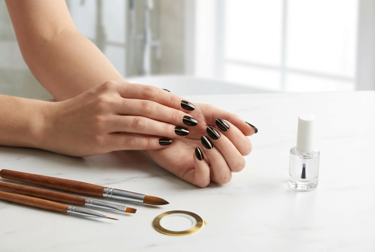 Dungă aurie pe unghii negre: benzi adezive, pensule și top coat