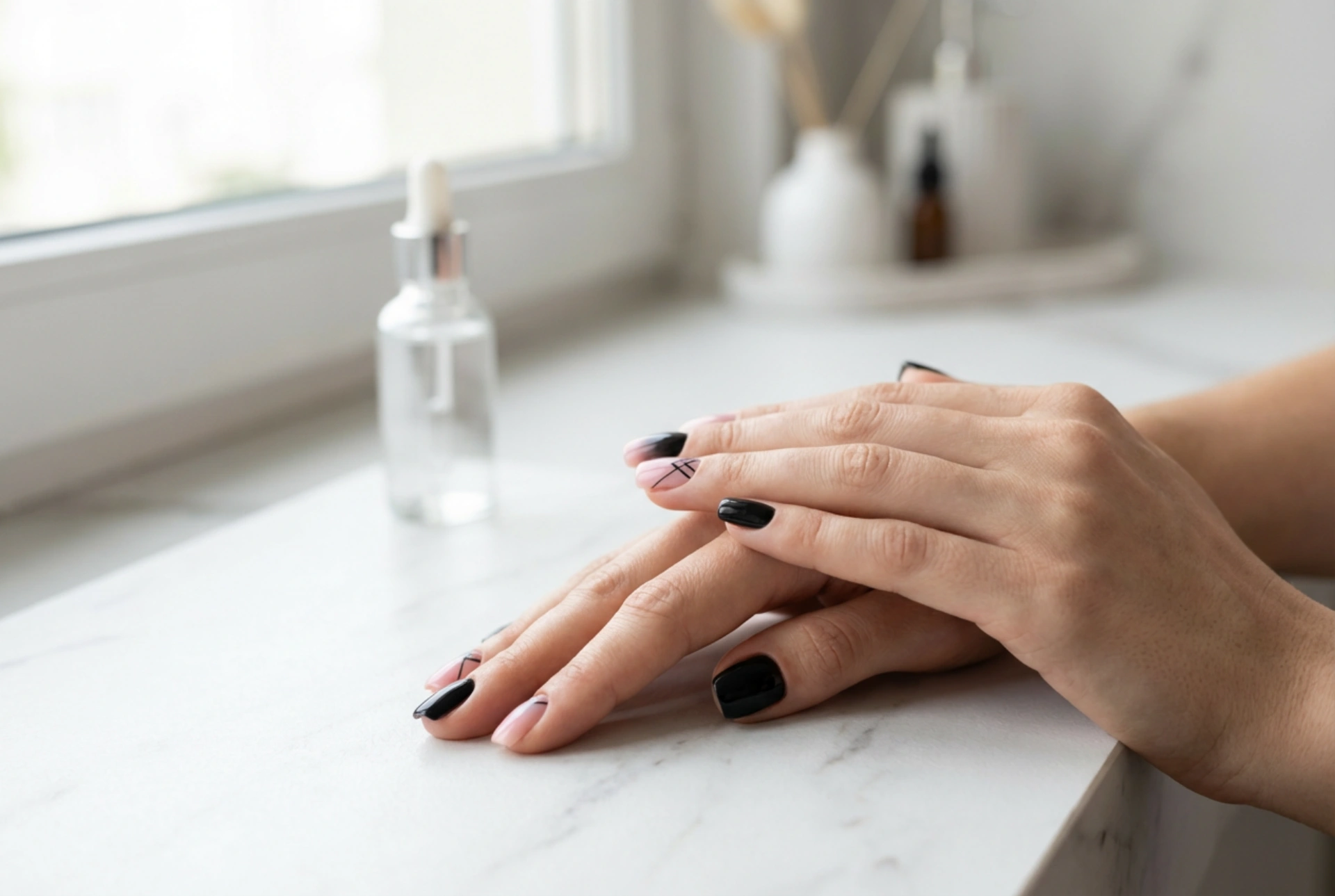 Unghii negre cu roz: contraste, ombre și modele simple