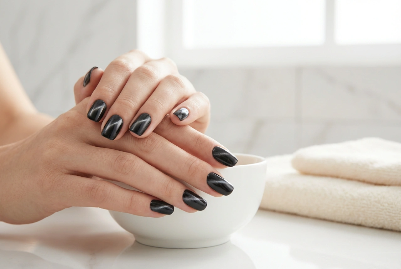 Unghii cat eye negre: cum se creează linia magnetică și cum se fixează efectul