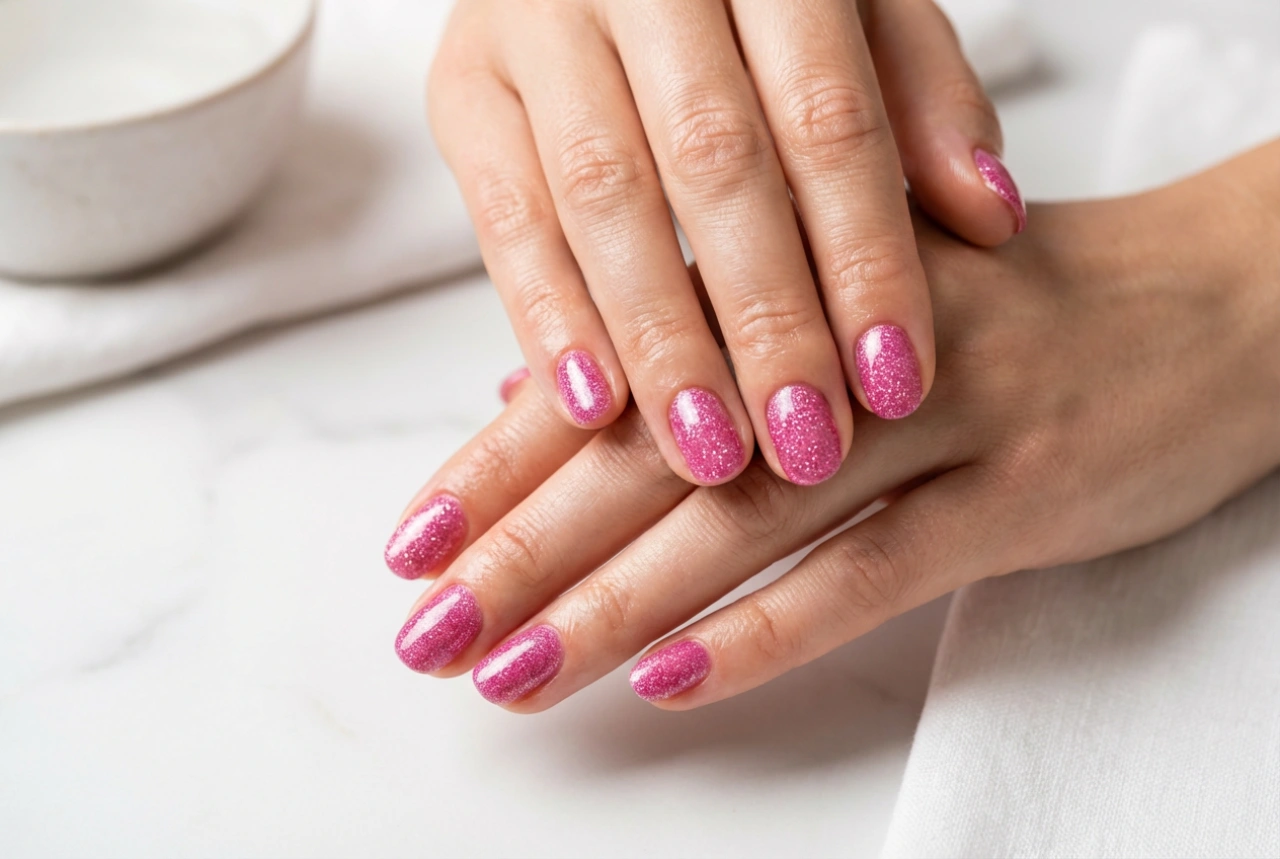 Unghii roz cu sclipici: acoperire uniformă și top coat strălucitor