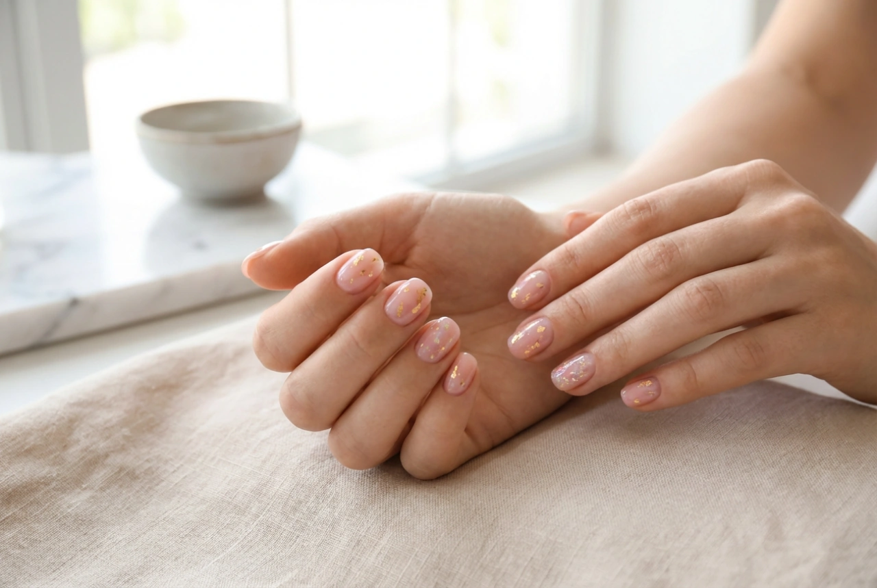 Unghii roz cu auriu: folii delicate, fulgi și top transparent