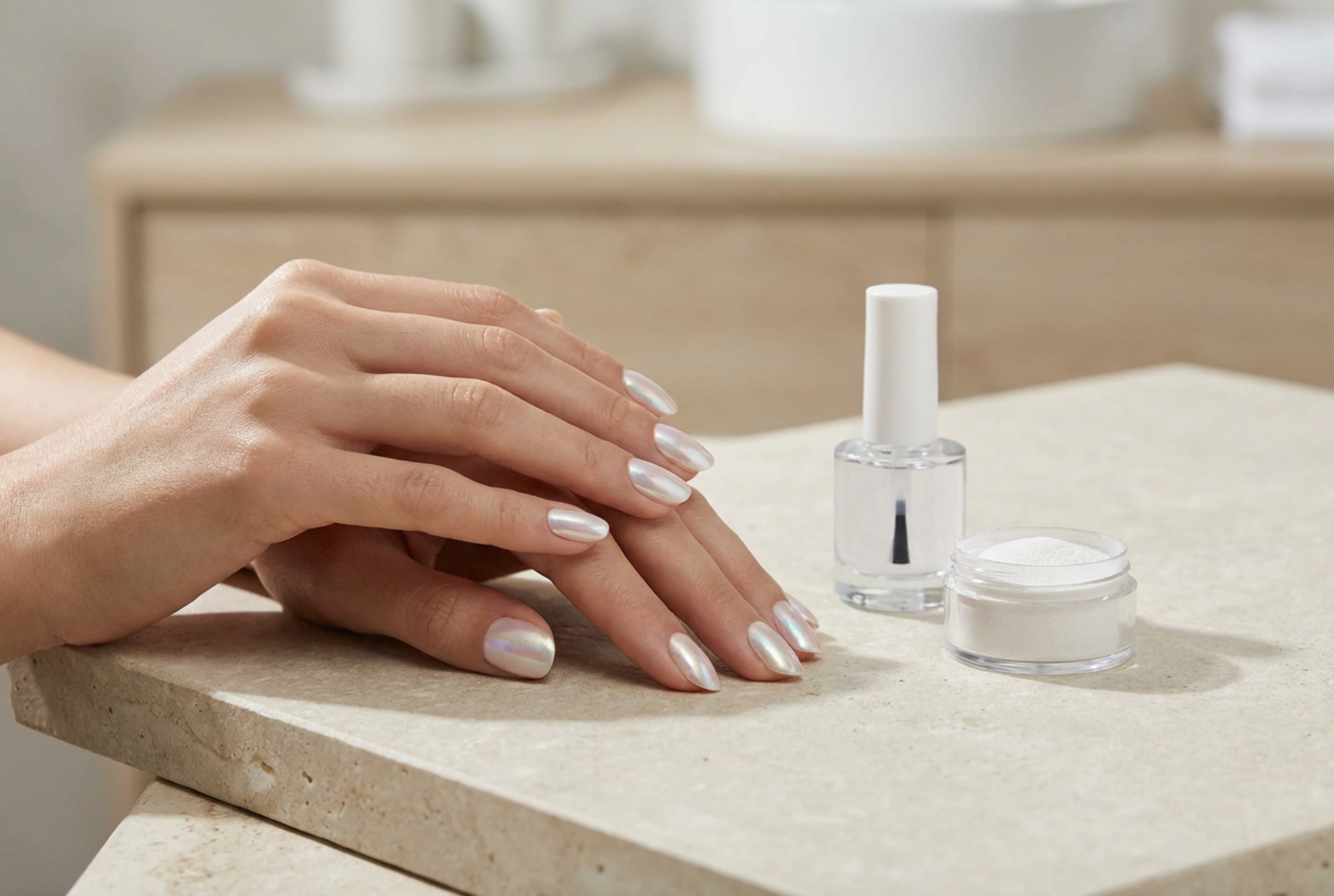 Manichiura hibridă perlată: Cum să obții efectul de perlă cu pulberi și un top coat rezistent