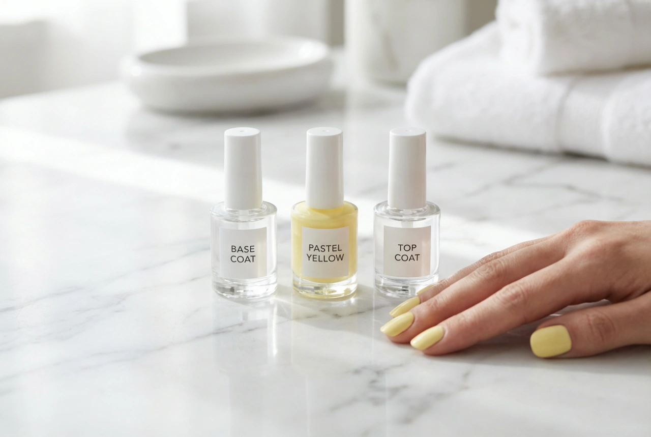 Unghii Galben Pastel Fără Dungi: Bază, Stratificare și Top Coat
