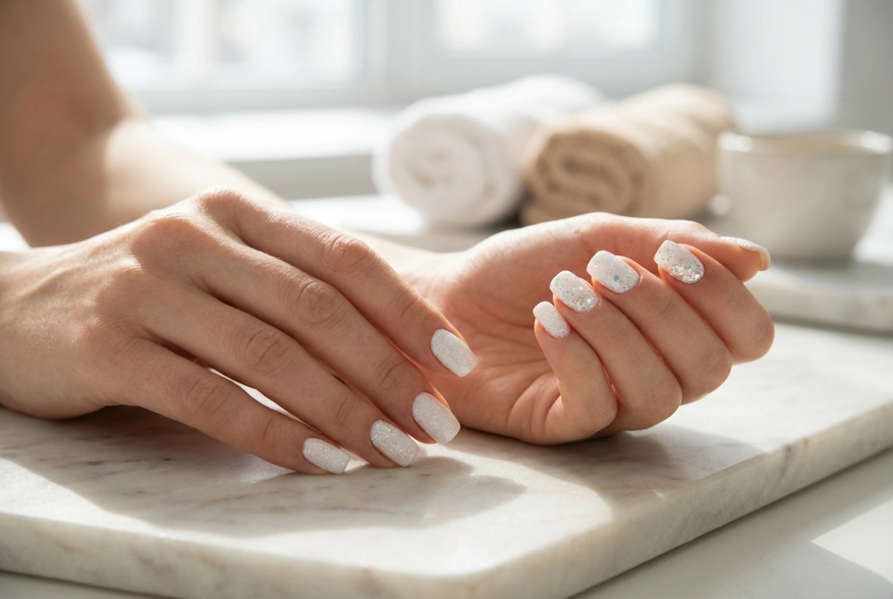 Unghii albe cu sclipici: de la sclipiri delicate la glitter intens