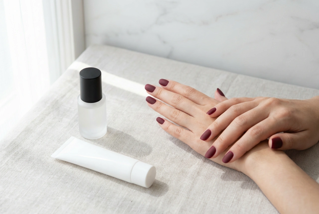 Unghii burgund mate: profunzimea culorii, top coat mat și îngrijire