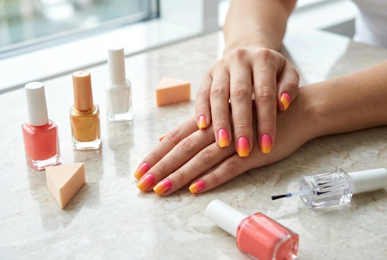 Ombre colorat pe unghii: amestecarea nuanțelor, burete și fixare