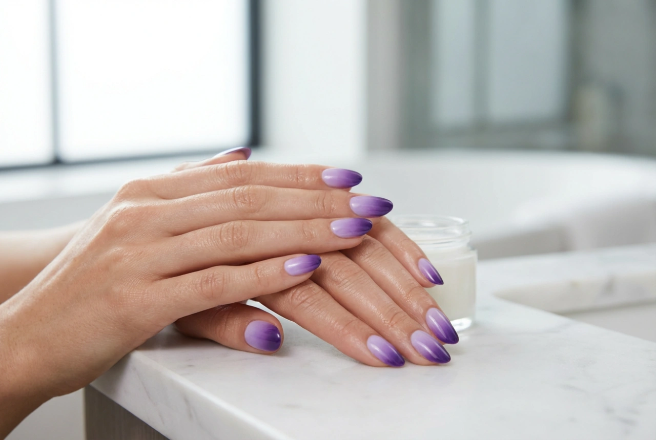 Unghii ombre violet pas cu pas: amestecarea tonurilor și fixarea
