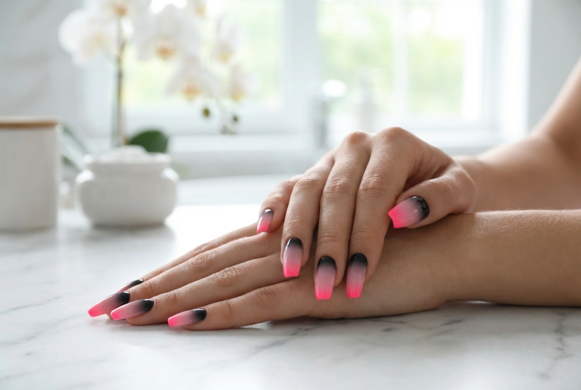 Unghii ombre negru și roz: de la neon la pastel, ghid pas cu pas