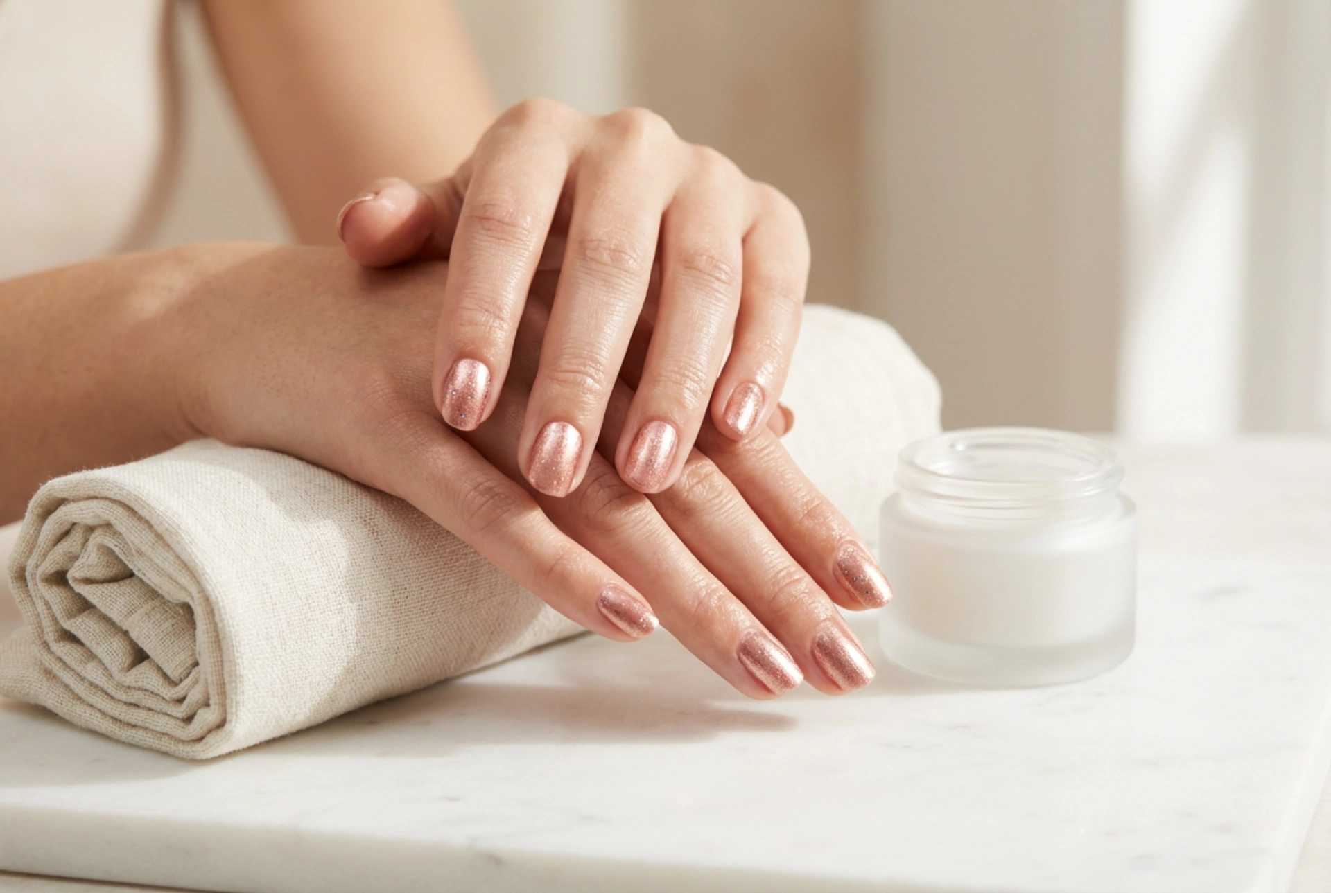 Unghii roz-auriu: cum să combini nuanțele și să adaugi strălucire