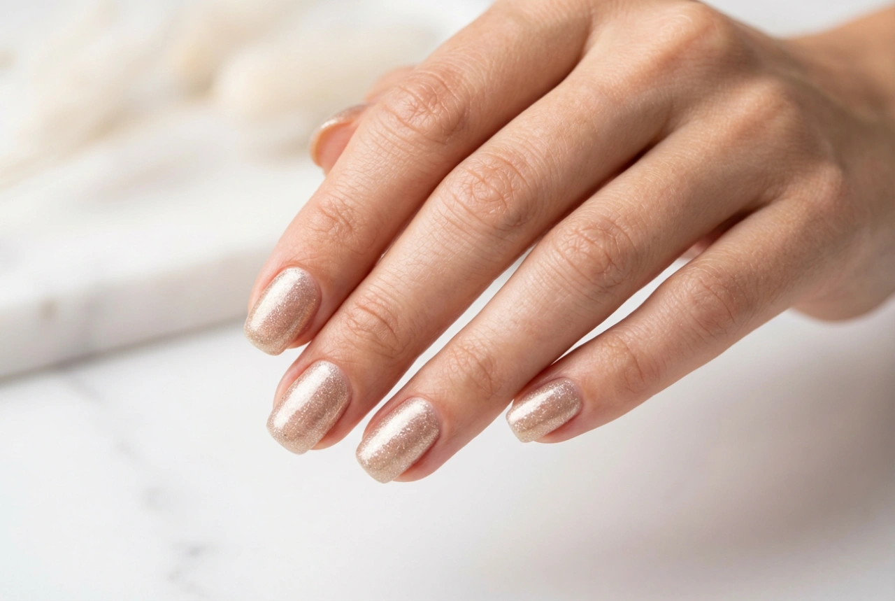 Lac de unghii hibrid cu particule: aplicare uniformă și finisaj strălucitor