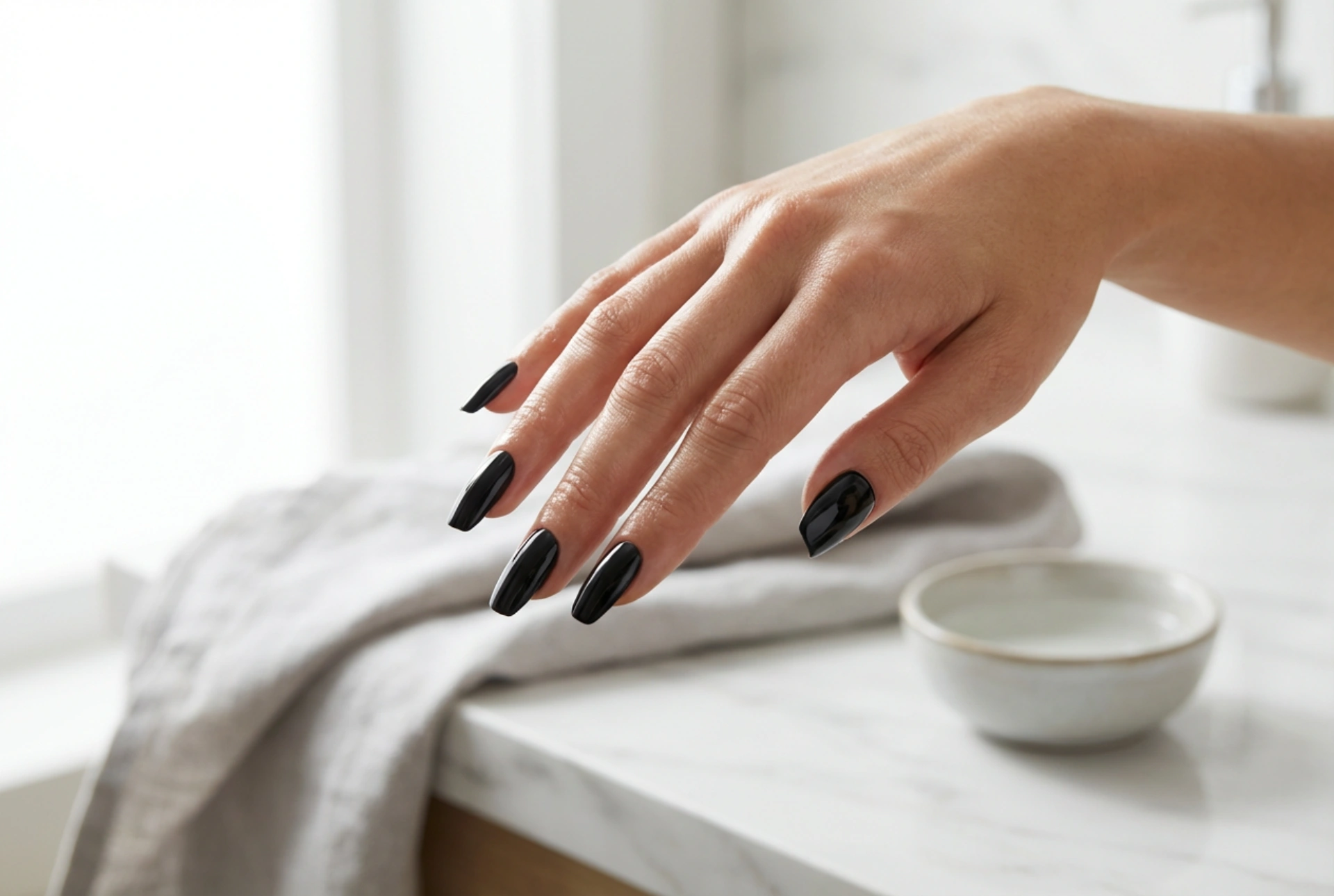 Manichiura hibridă neagră fără dâre: pregătire, straturi, top coat