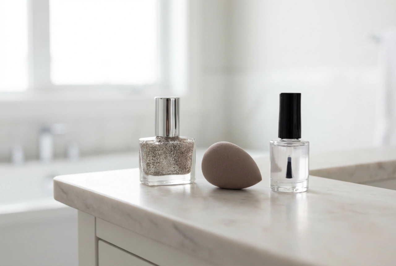 Oje hibride cu sclipici: glitter uniform, burete și top coat