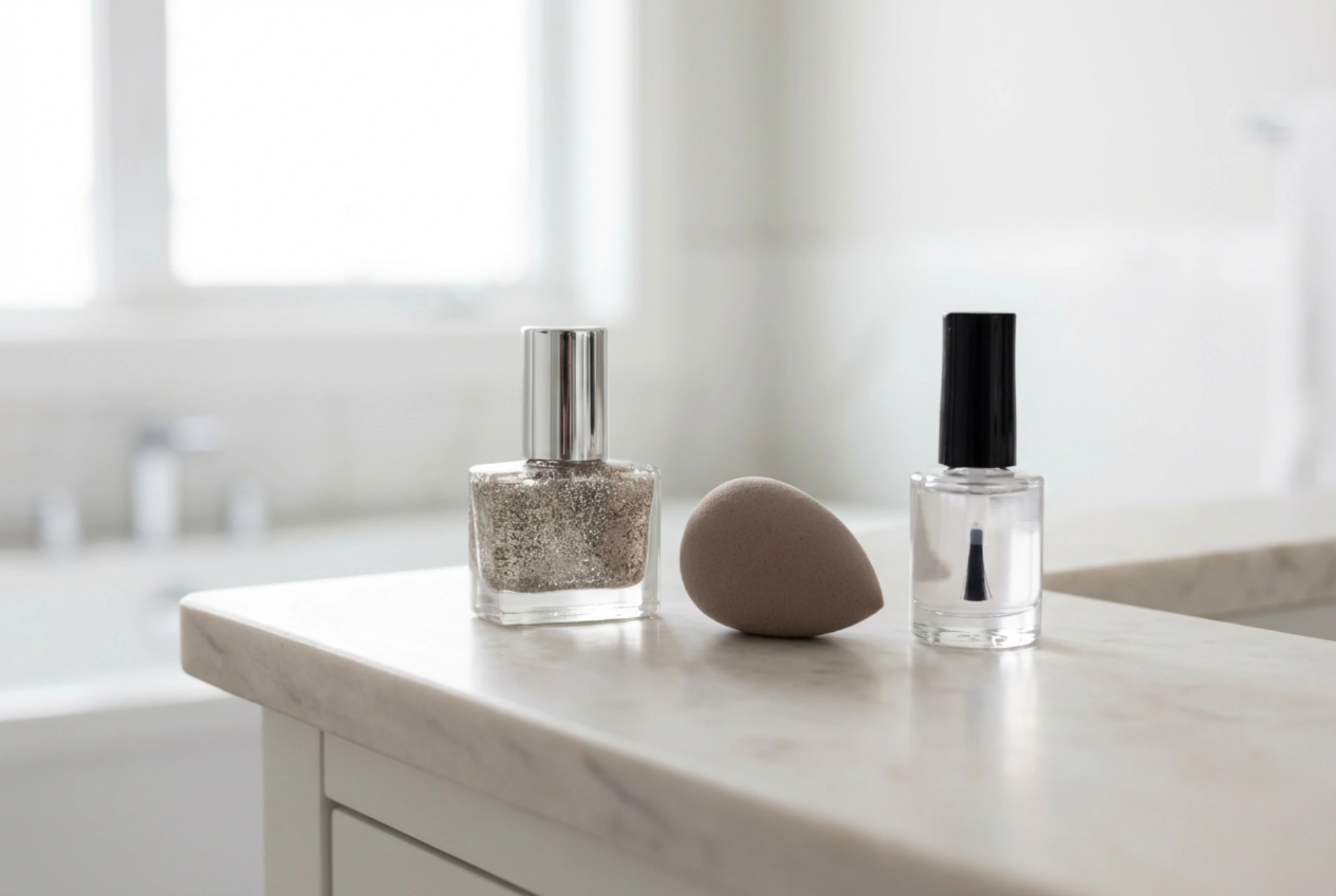 Oje hibride cu sclipici: glitter uniform, burete și top coat