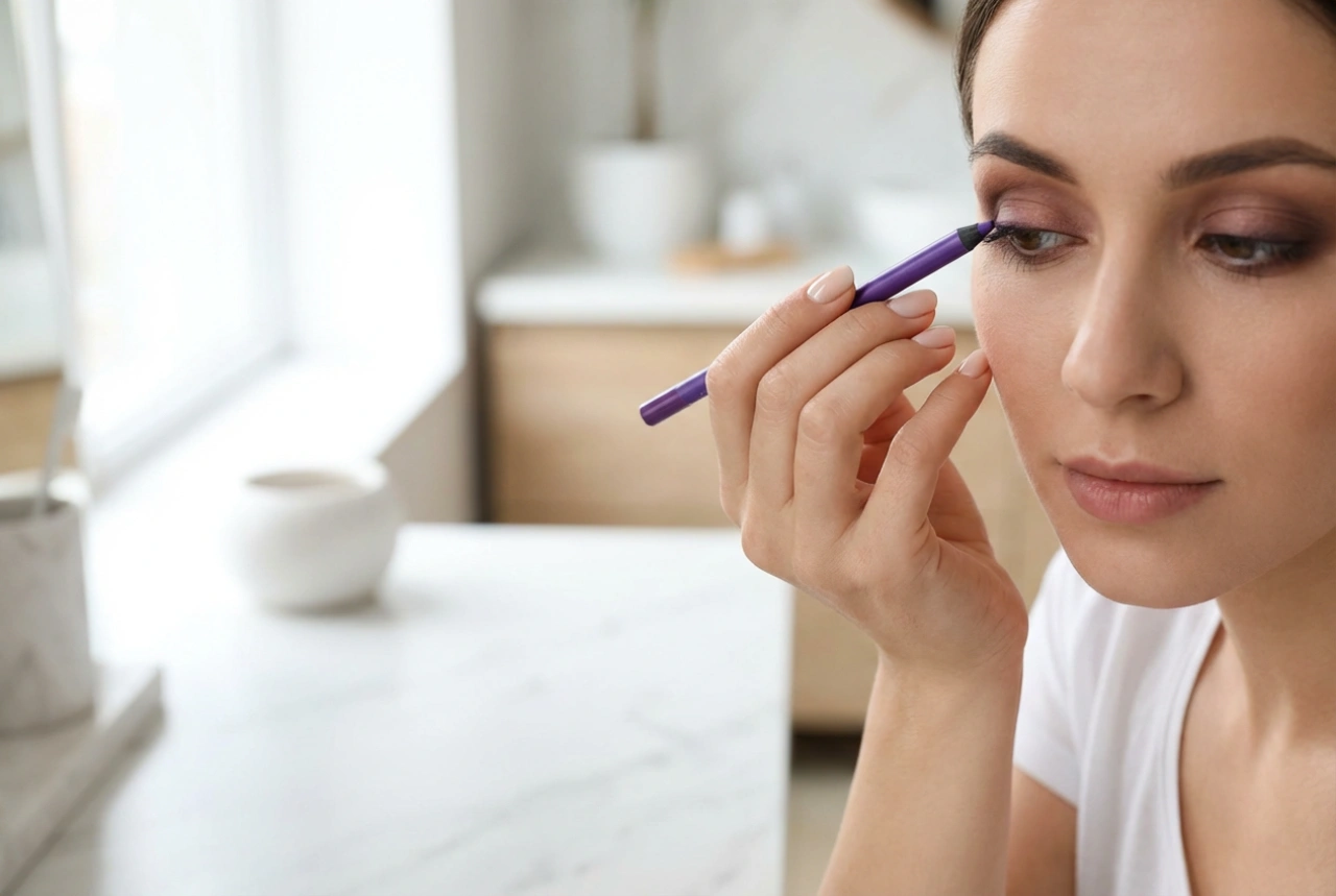 Creionul de ochi violet: tonuri de întinerire, linii delicate și combinații cu maro